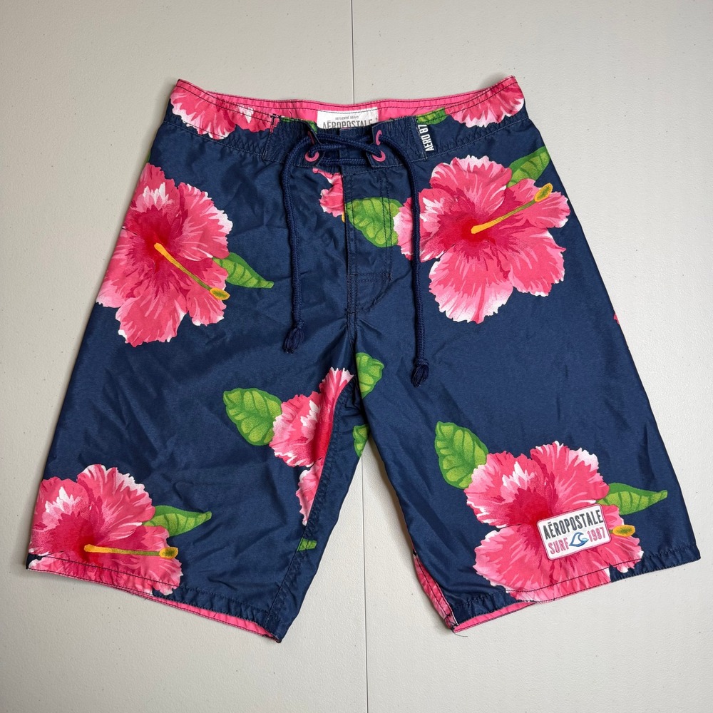 Aeropostale Mens Size 29 Board Shorts Navy Hibiscus Floral Surf Swim Trunks